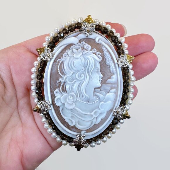 Jewelry - Cameo Sterling Silver Brooch Pendant: Vintage Carved Shell Pearls Smoky Quartz